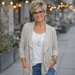 New Directions Sz XL Women's Gray Open Style Cardigan Pockets Button Tab Sleeve